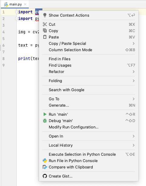 Context actions menu in PyCharm