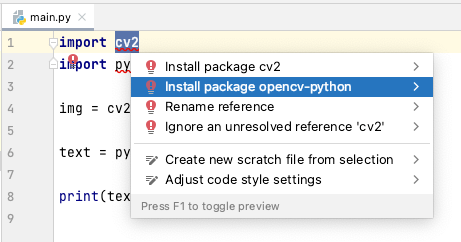 Installing OpenCV package in PyCharm