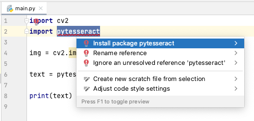 Installing Pytesseract package in PyCharm