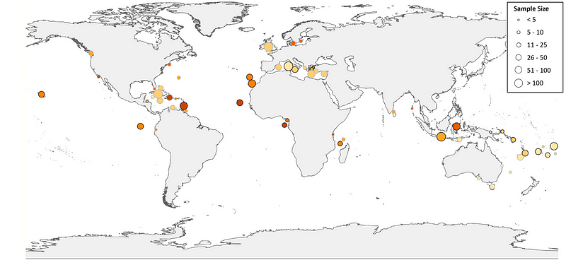 Map of barn owl specimens analyzed in the study