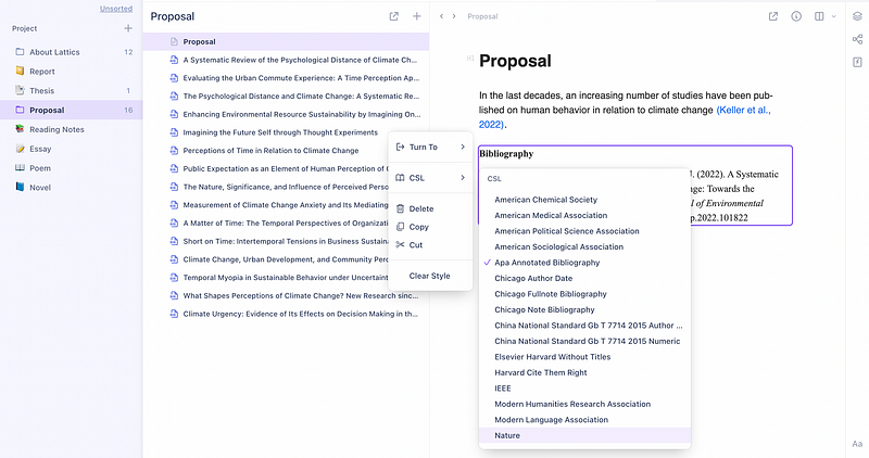 Screenshot of Lattics citation format options.