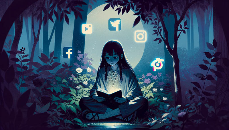 A girl immersed in reading while social media icons float around her.