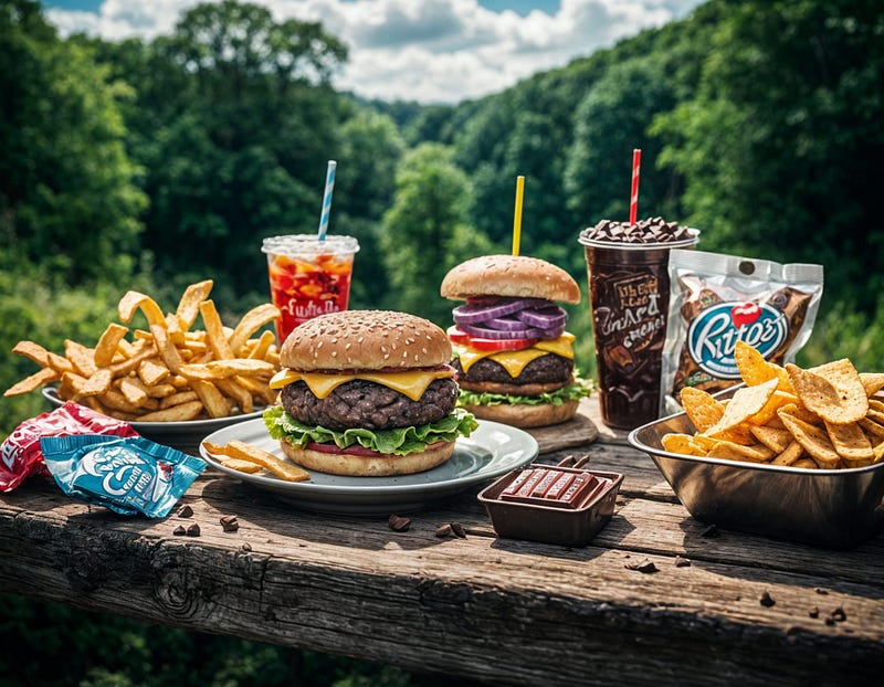 A variety of junk foods showing high calorie content