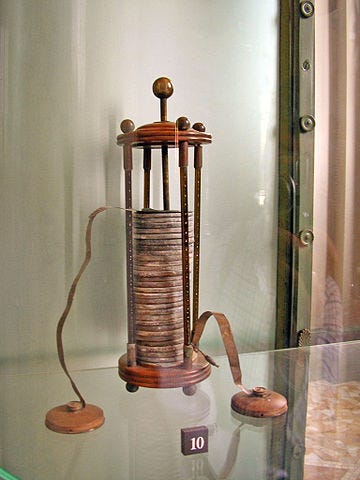 A replica of a voltaic pile, showcasing its construction.