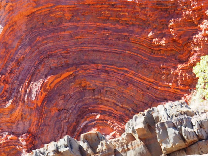 Buckled red iron ore sediments in Hammersley Gorge