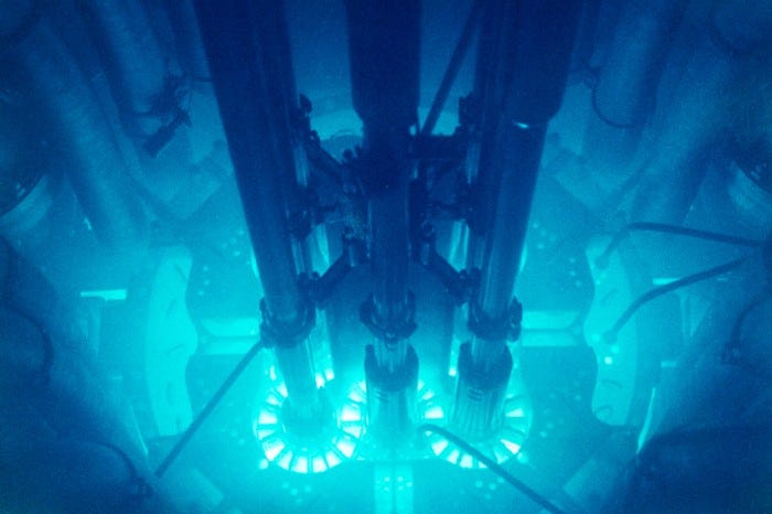 Cerenkov radiation observed in a nuclear reactor.