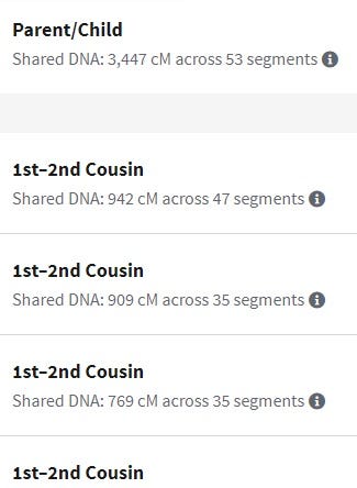 Example of DNA matches from ancestry testing.